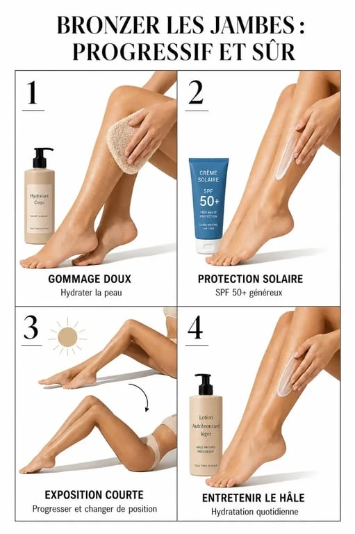 Comment bronzer des jambes avec une routine en 4 étapes : exfoliation, protection solaire, exposition progressive et hydratation