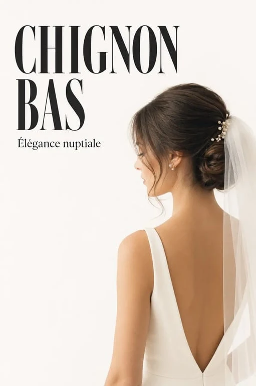 Chignon bas mariage élégant à la nuque avec voile et barrettes perle