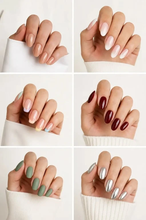 Idée ongle semi permanent : sélection de styles nude, baby boomer, french twist, bordeaux, vert sauge et chrome