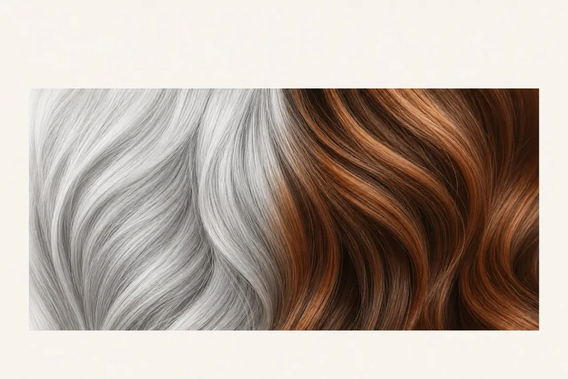 Coloration végétale cheveux blancs : rendu avant/après avec reflets naturels et couverture nuancée