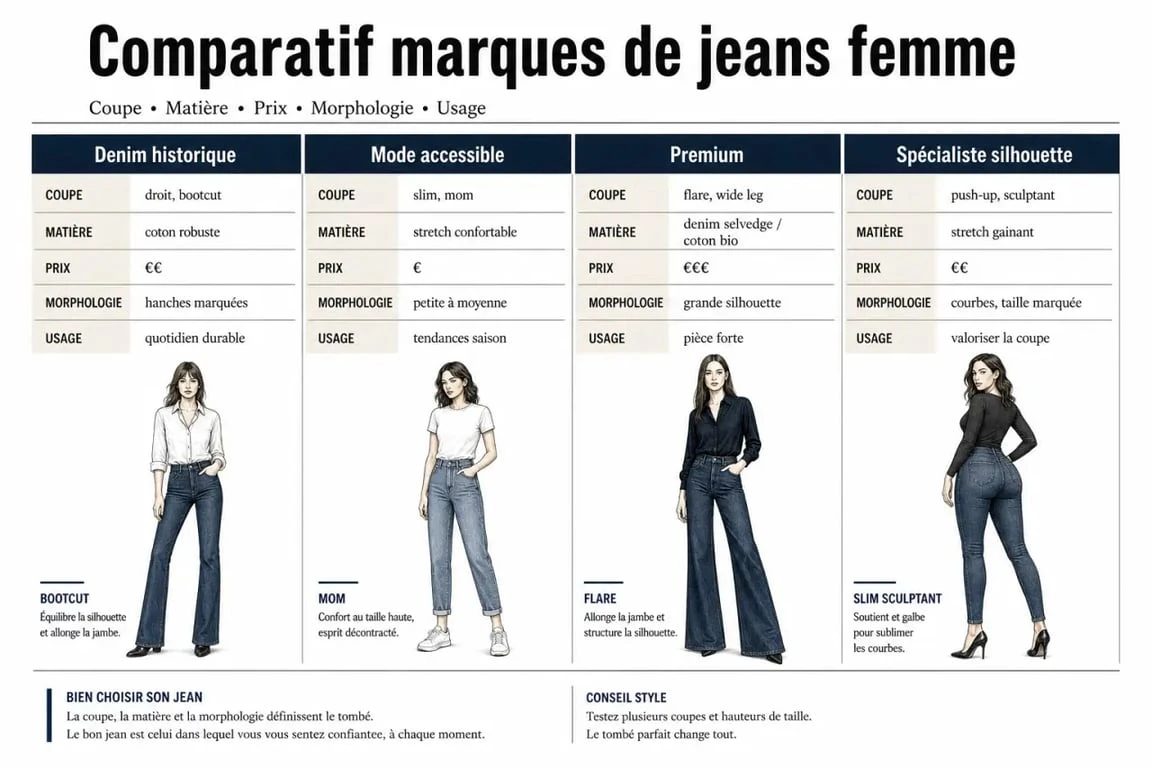 Marque de jeans femme : comparatif visuel des types de marques, coupes et budgets