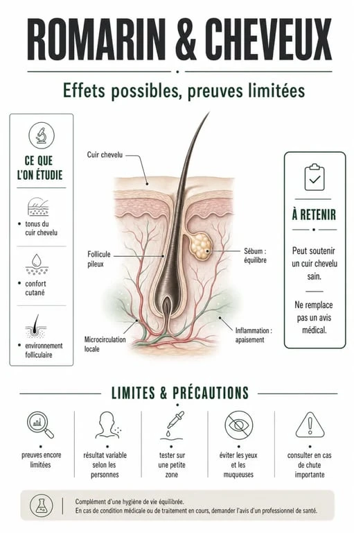 Infographie sur le romarin pousse cheveux, ses mécanismes sur le cuir chevelu et les précautions d’usage