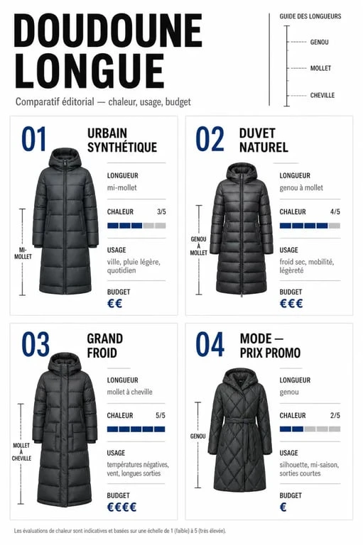 Comparatif doudoune longue : types, usages et budgets
