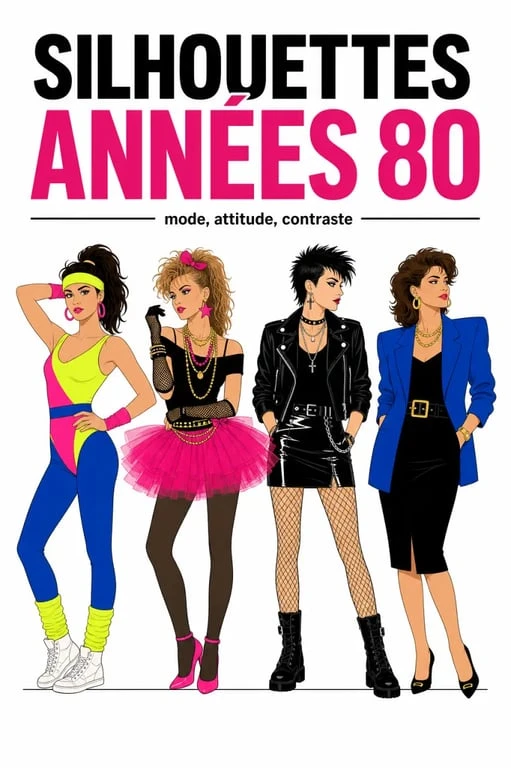 Tenue année 80 femme avec quatre styles rétro : fitness fluo, pop glam, punk rock et working girl à épaulettes