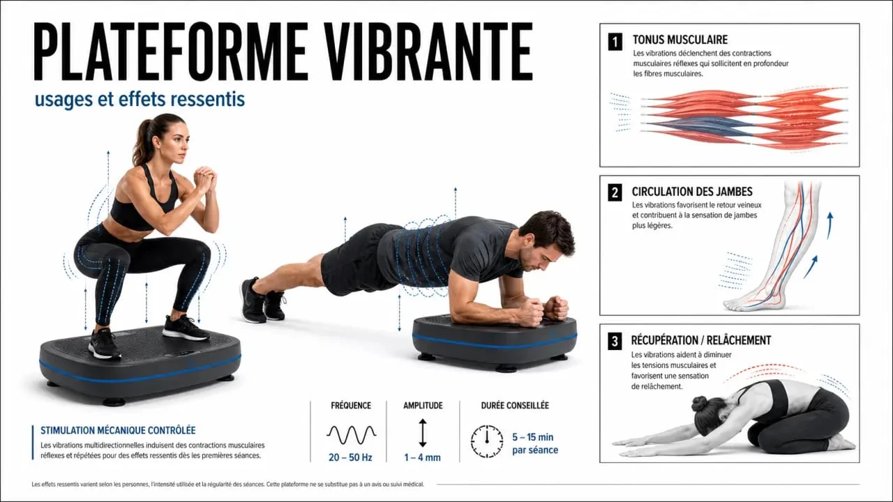 Plateforme vibrante bienfaits : visuel explicatif des effets sur le tonus, la circulation et la récupération