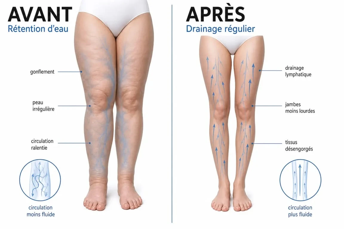 Cellulite aqueuse avant apres : comparaison visuelle de jambes gonflées puis dégonflées après drainage et routines régulières
