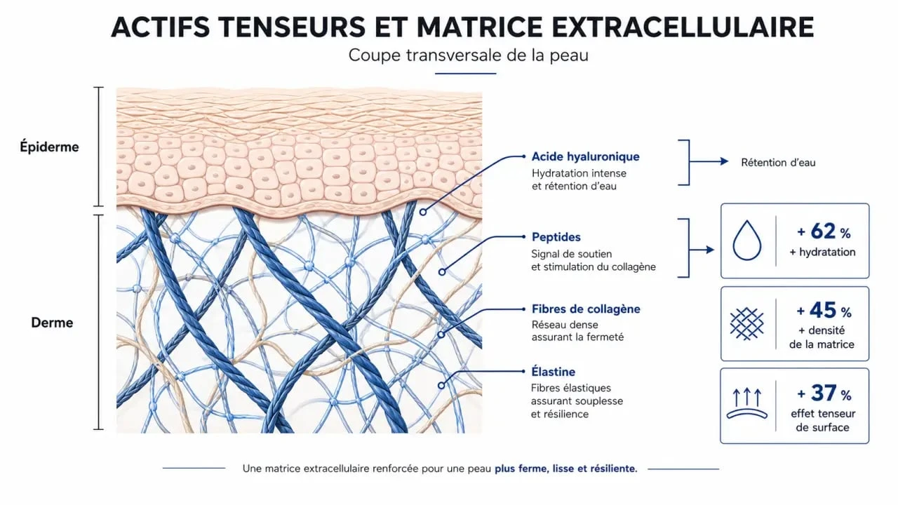 Schéma illustrant l'action d'un sérum tenseur sur la structure cutanée et la réduction des rides