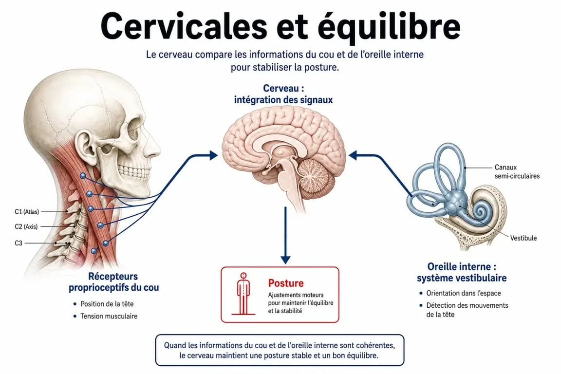 Comment faire passer les vertiges dus aux cervicales : schéma du lien entre nuque, proprioception et système vestibulaire