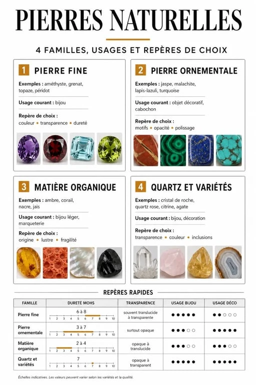 Infographie sur les pierres naturelles avec comparaison des familles, usages et critères de choix