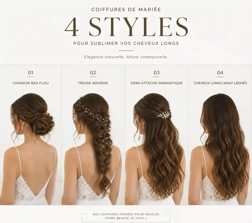 Coiffure mariée cheveux longs : inspirations élégantes avec chignon bas, tresse bohème, demi-attache et cheveux wavy