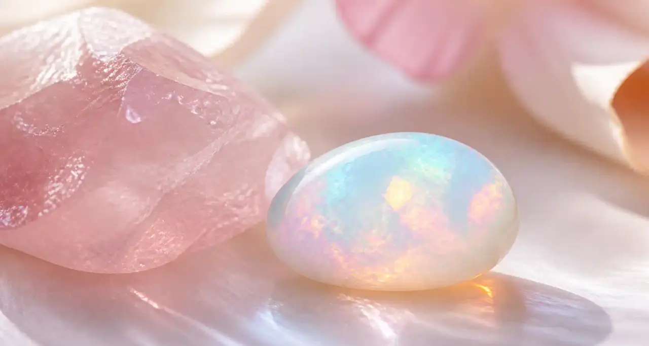 Opale et quartz rose sur fond nacré, reflets iridescents pastel