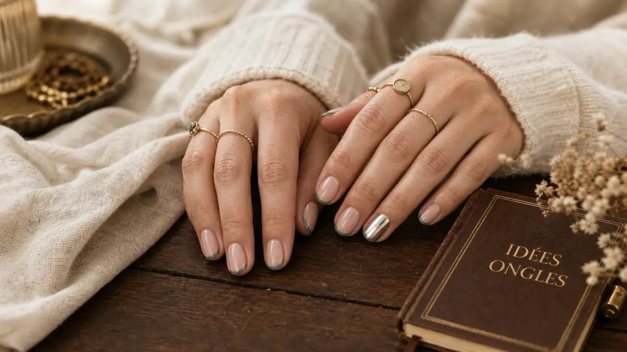 Idee ongle semi permanent : nude glossy rosé, baby boomer, micro-french vert sauge et chrome argenté