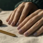 Gros plan ongles violet sans vernis, deux mains et accessoires manucure.