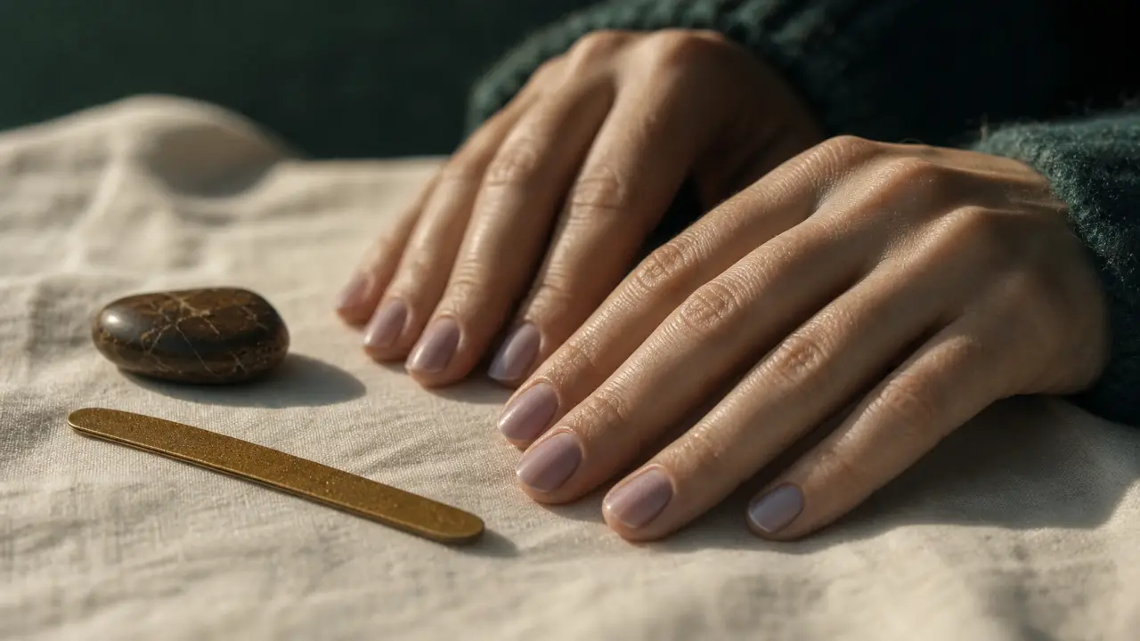 Gros plan ongles violet sans vernis, deux mains et accessoires manucure.