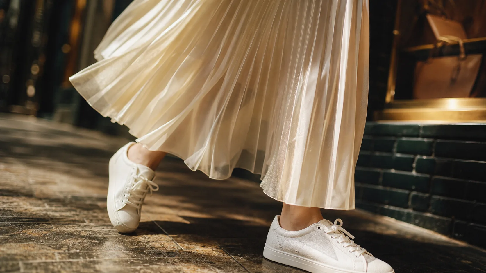 Quelles chaussures avec jupe longue plissée : baskets blanches avec jupe longue plissée