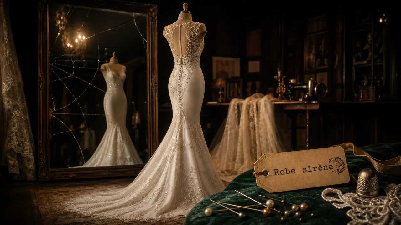 Robe mariee sirene en dentelle et crepe, posée sur mannequin couture