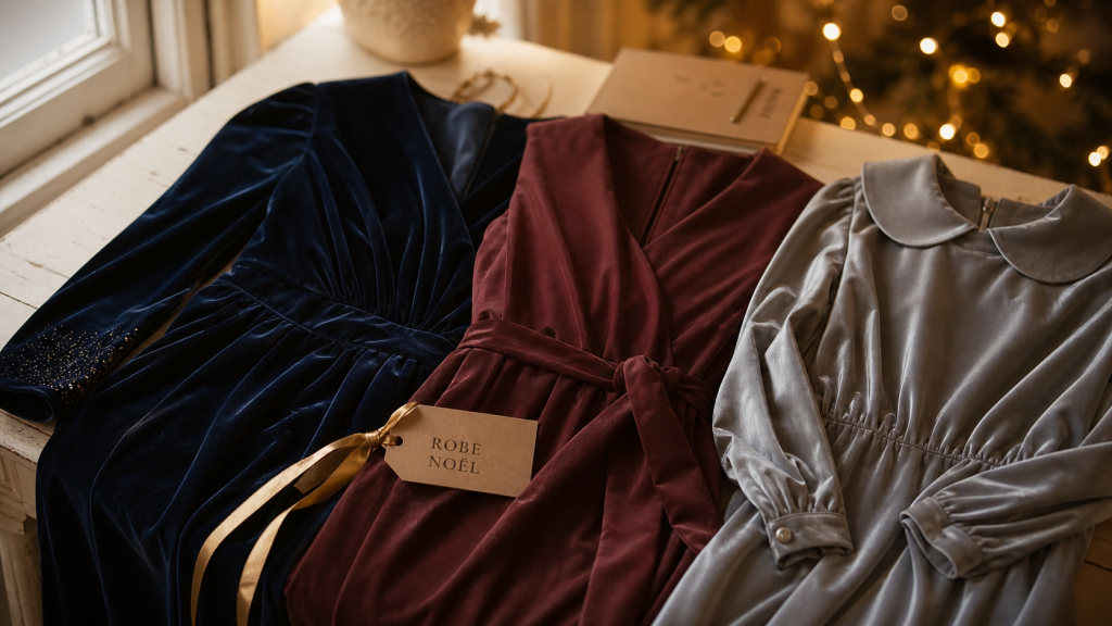 Robe noel velours bleu nuit, paillettes discrètes et satin argenté