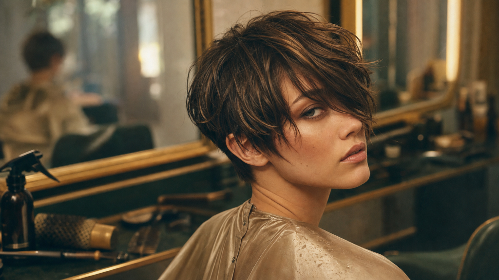 Visage rond moderne coupe courte femme : pixie asymétrique, frange inclinée