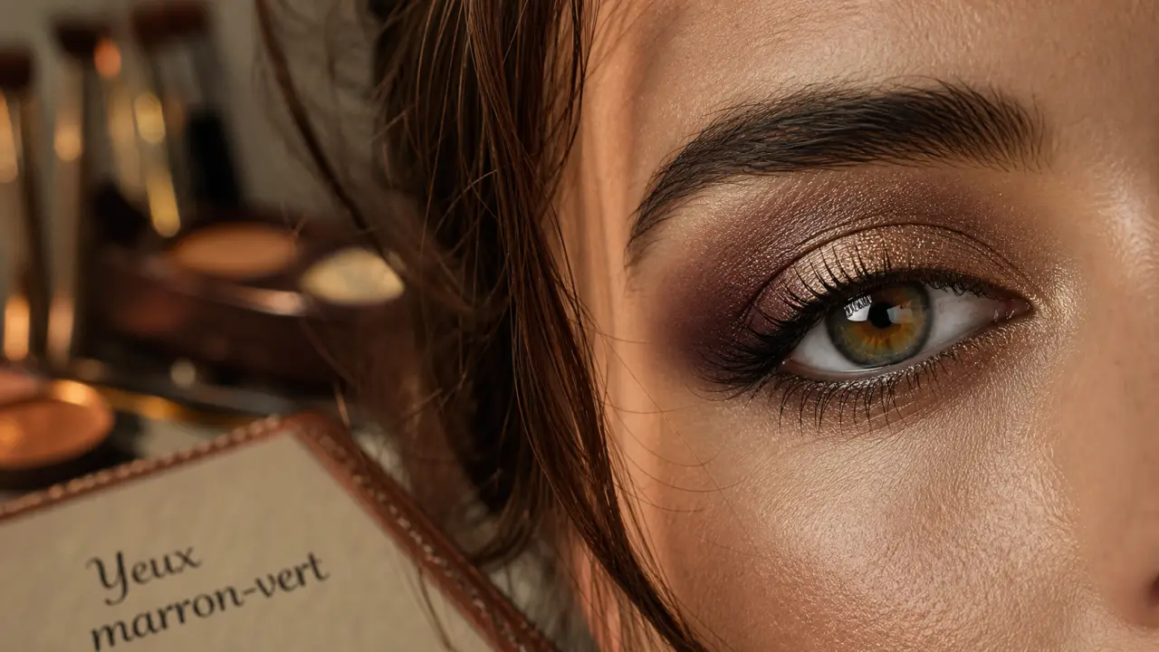 Yeux marron vert quel maquillage : prune, cuivre et point lumière vert.