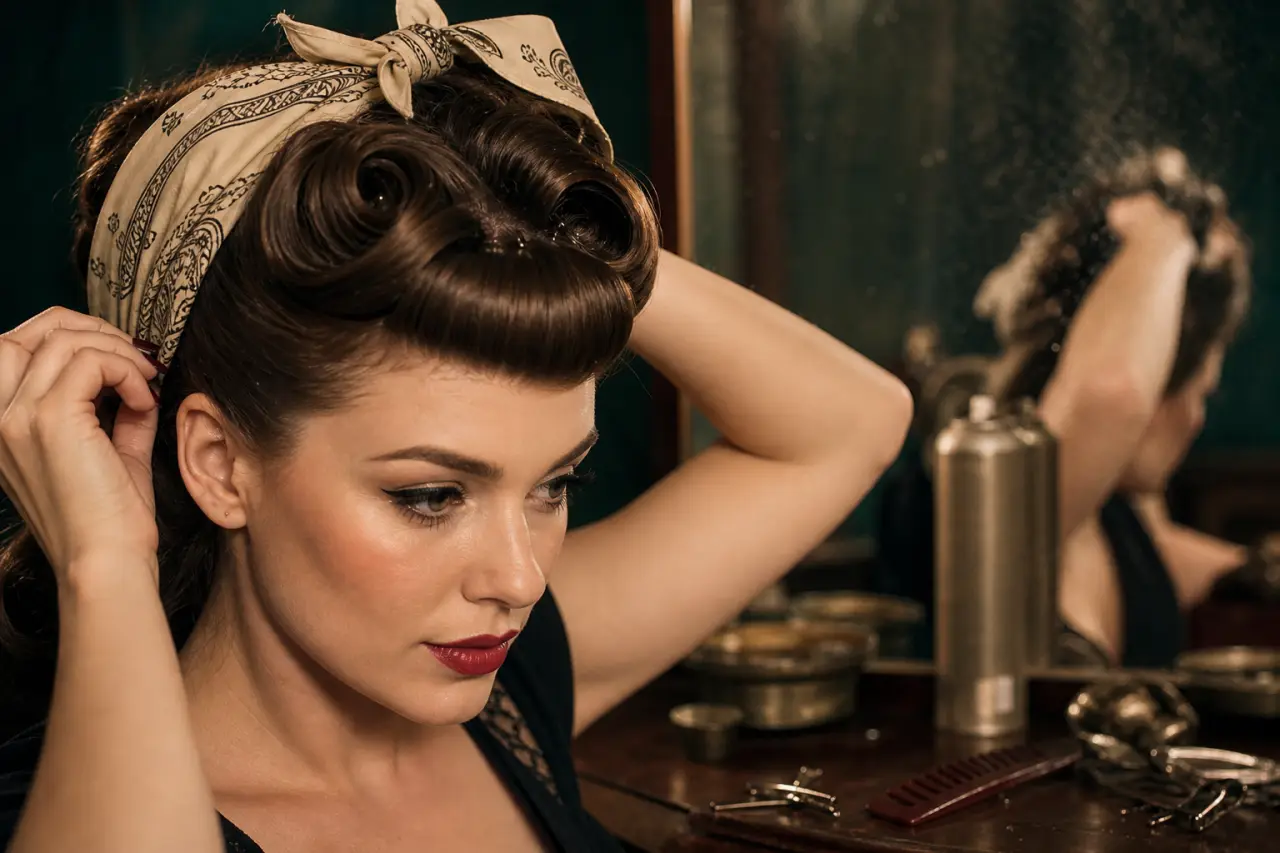 Coiffure rockabilly femme : frange roulée, victory rolls et bandana