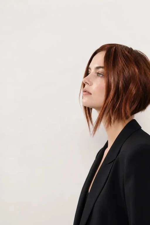 Carré plongeant roux foncé sur femme en portrait éditorial, coupe plongeante élégante et reflets auburn foncé
