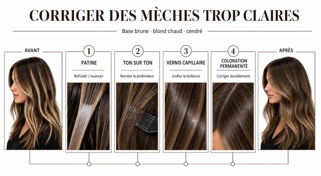 Foncer des mèches trop claires : schéma éditorial des solutions patine, ton sur ton, vernis capillaire et coloration