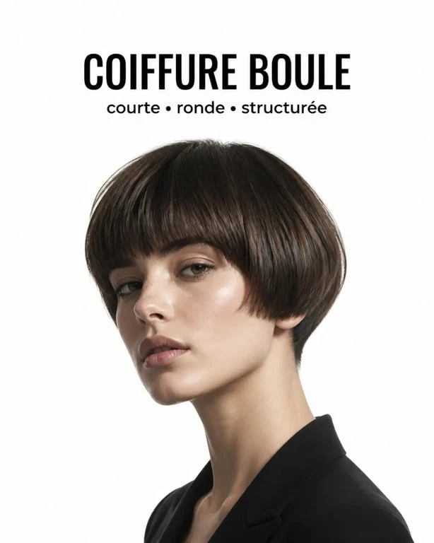 Coiffure boule femme chic sur cheveux courts avec frange pleine