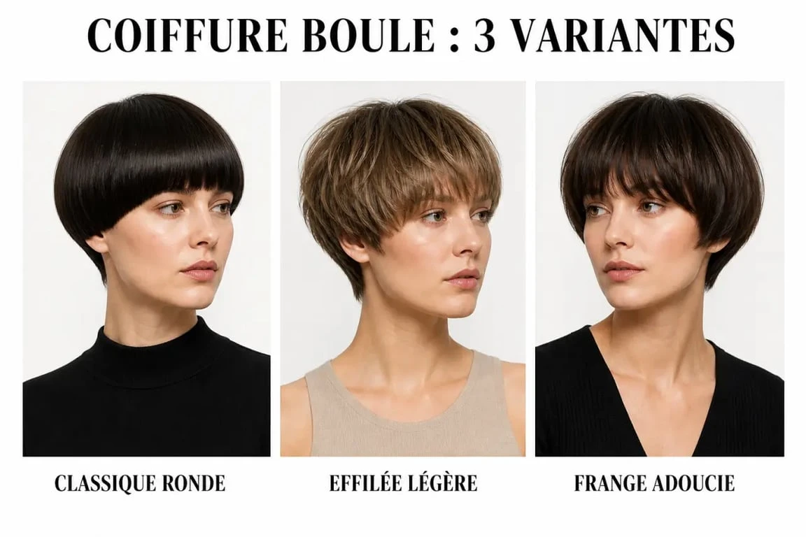 Coiffure boule femme en trois variantes : classique, effilée et avec frange adoucie