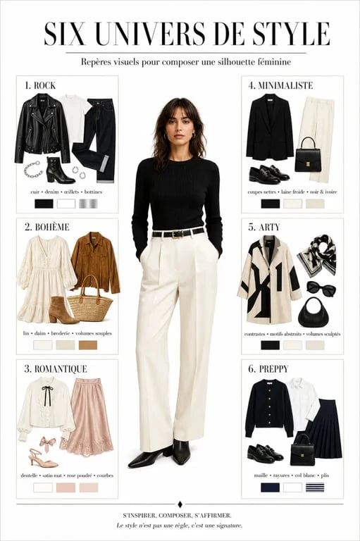 Style vetement femme : comparaison visuelle des styles rock, bohème, romantique, minimaliste, arty et preppy