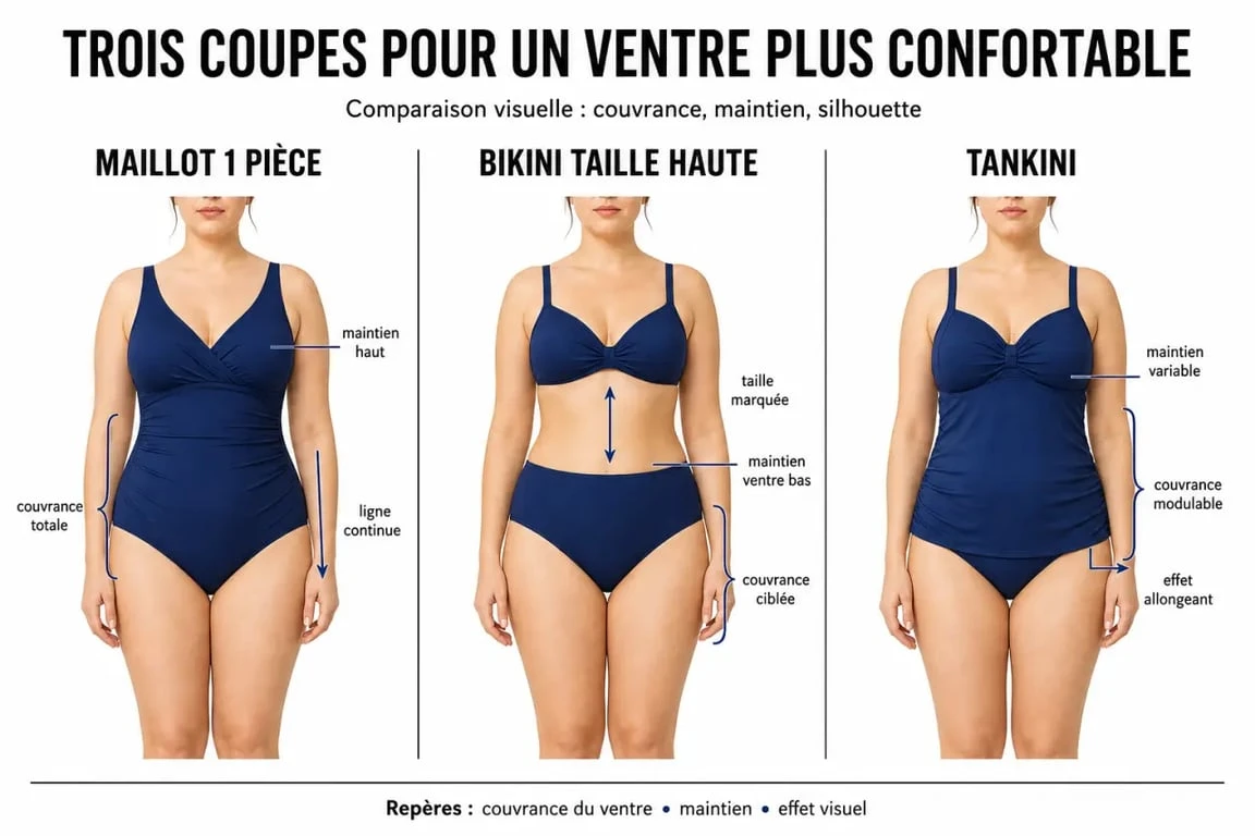 Quel maillot de bain quand on a du ventre : comparaison visuelle entre 1 pièce, bikini taille haute et tankini