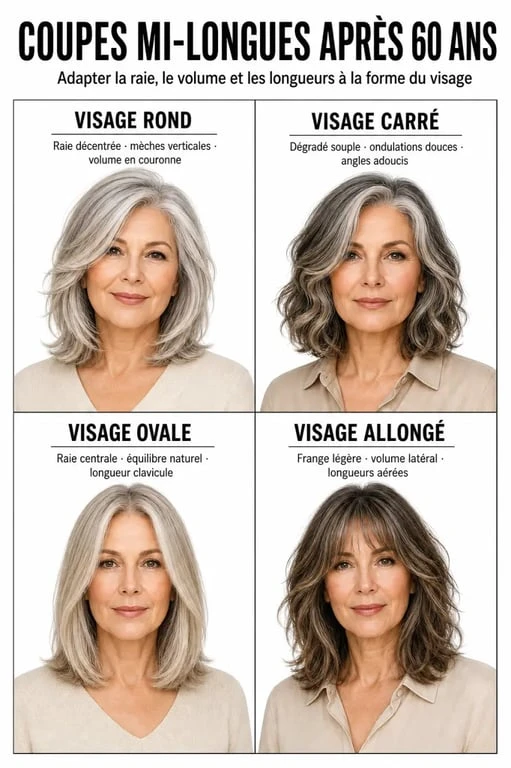 Coiffure femme 60 ans mi long : comparaison visuelle des coupes adaptées aux visages rond, carré, ovale et allongé