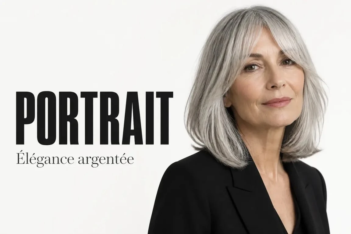 Coiffure femme 60 ans mi long : carré long élégant sur cheveux argentés avec frange rideau