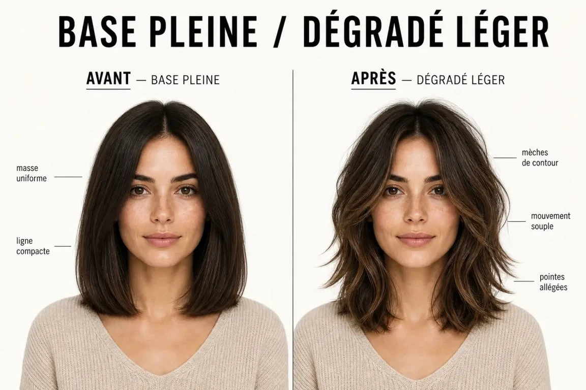Moderne coupe femme mi long dégradé sur cheveux ondulés avec avant/après