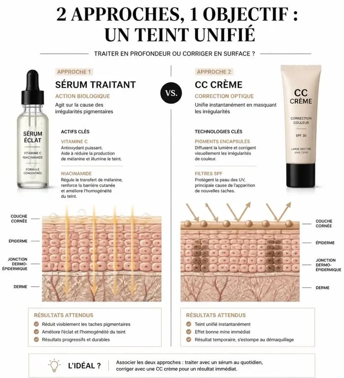 Infographie comparative des soins pour l'uniformité du teint : sérum traitant vs CC crème pour les meilleures marques de soins peau.