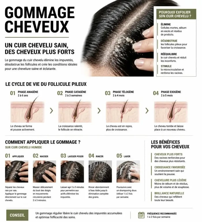 Infographie sur les bienfaits et la méthode d'application du gommage cheveux pour un cuir chevelu sain