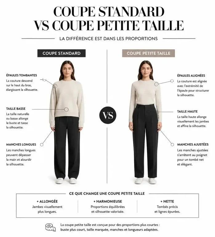 Comparaison coupe standard vs coupe petite taille pour femme 1m50 mode