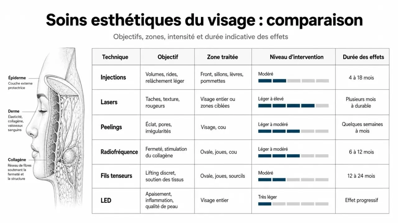 Soins esthétiques du visage : comparaison visuelle des techniques selon l’objectif et la zone traitée