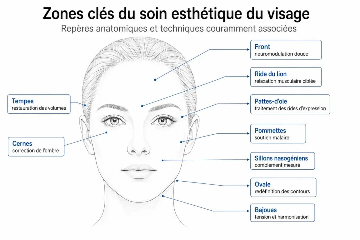 Soins esthétiques du visage : schéma des zones du visage et des traitements associés
