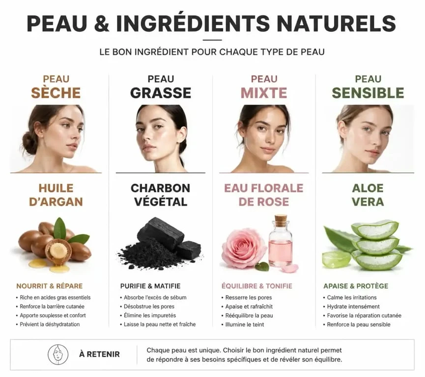 Infographie des soins naturels pour le visage selon le type de peau
