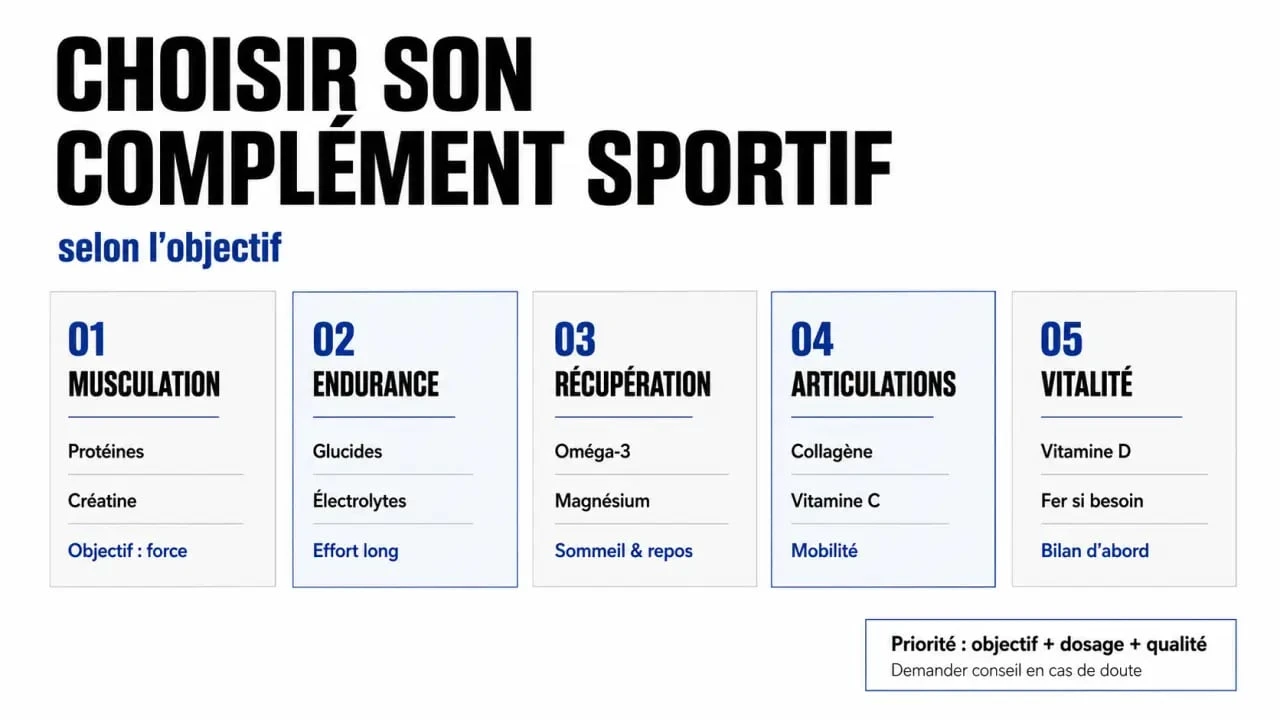 Complément alimentaire pour sportif : tableau visuel par objectif sportif, musculation, endurance, récupération, articulations et vitalité
