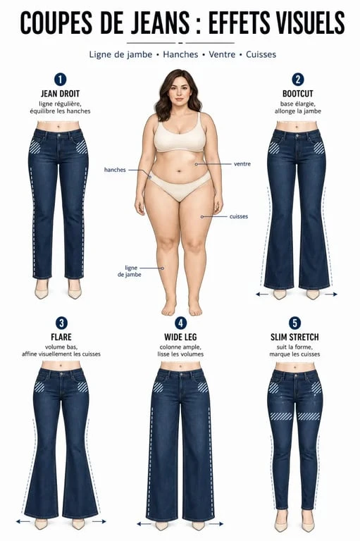 Quel jean pour femme ronde : comparaison visuelle des coupes jean droit, bootcut, flare, wide leg et slim stretch