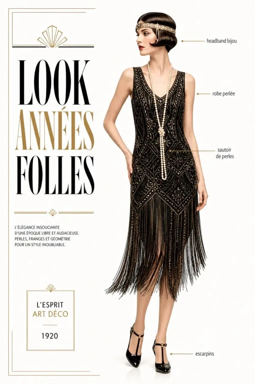 Mode année 20 femme : look complet années 20 avec robe fluide, perles, headband et coiffure crantée