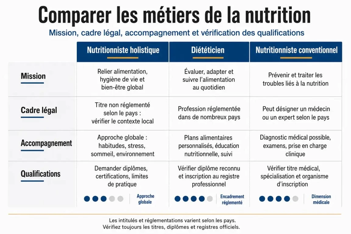 Comparaison visuelle entre nutritionniste holistique, diététicien et nutritionniste conventionnel