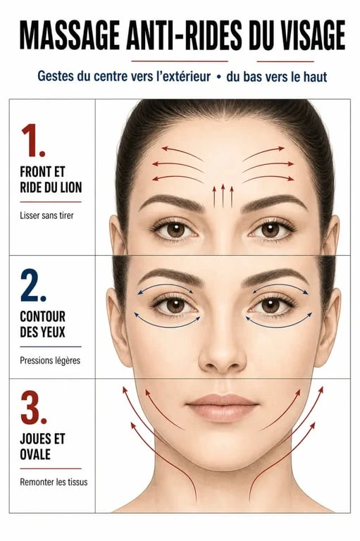 Massage pour visage anti ride : gestes étape par étape sur le front, le contour des yeux et l’ovale du visage