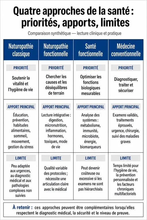 Naturopathe fonctionnel : comparaison entre naturopathie classique, naturopathie fonctionnelle, santé fonctionnelle et médecine conventionnelle