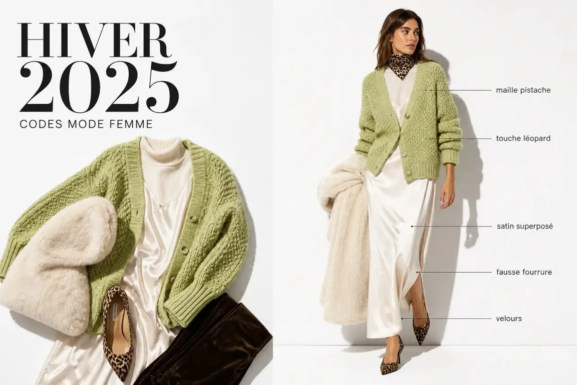 Mode hiver 2025 femme : vert pistache, léopard et robe satinée en ambiance éditoriale