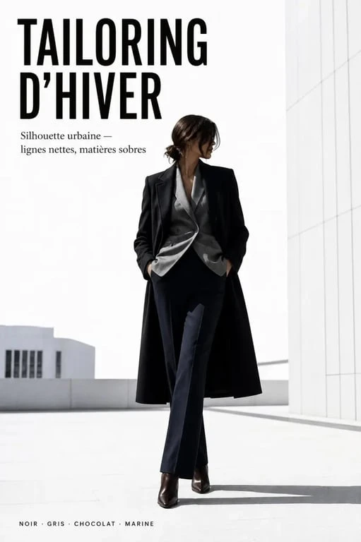 Mode hiver 2025 femme : silhouette tailoring avec manteau long structuré et couleurs neutres