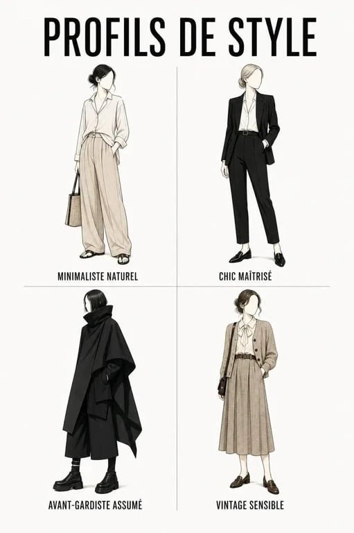 Test style vestimentaire : quatre silhouettes de styles minimaliste, chic, avant-gardiste et vintage