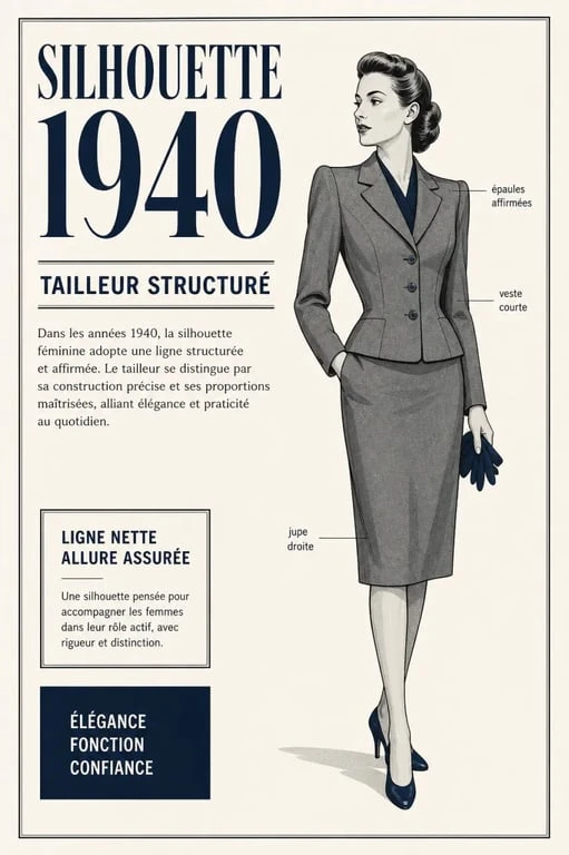 Mode femme année 30 40 : tailleur structuré des années 40 avec épaules affirmées
