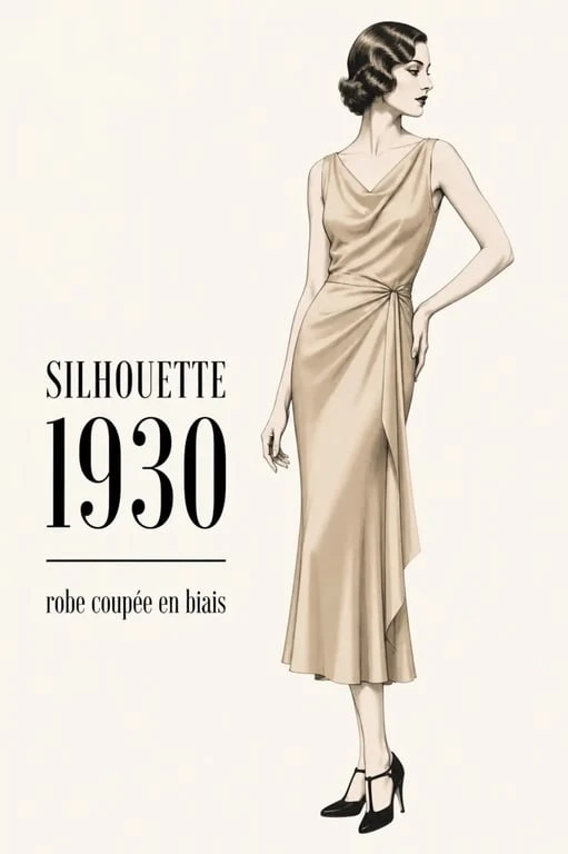 Mode femme année 30 40 : robe fluide des années 30 à taille marquée et tombé au mollet